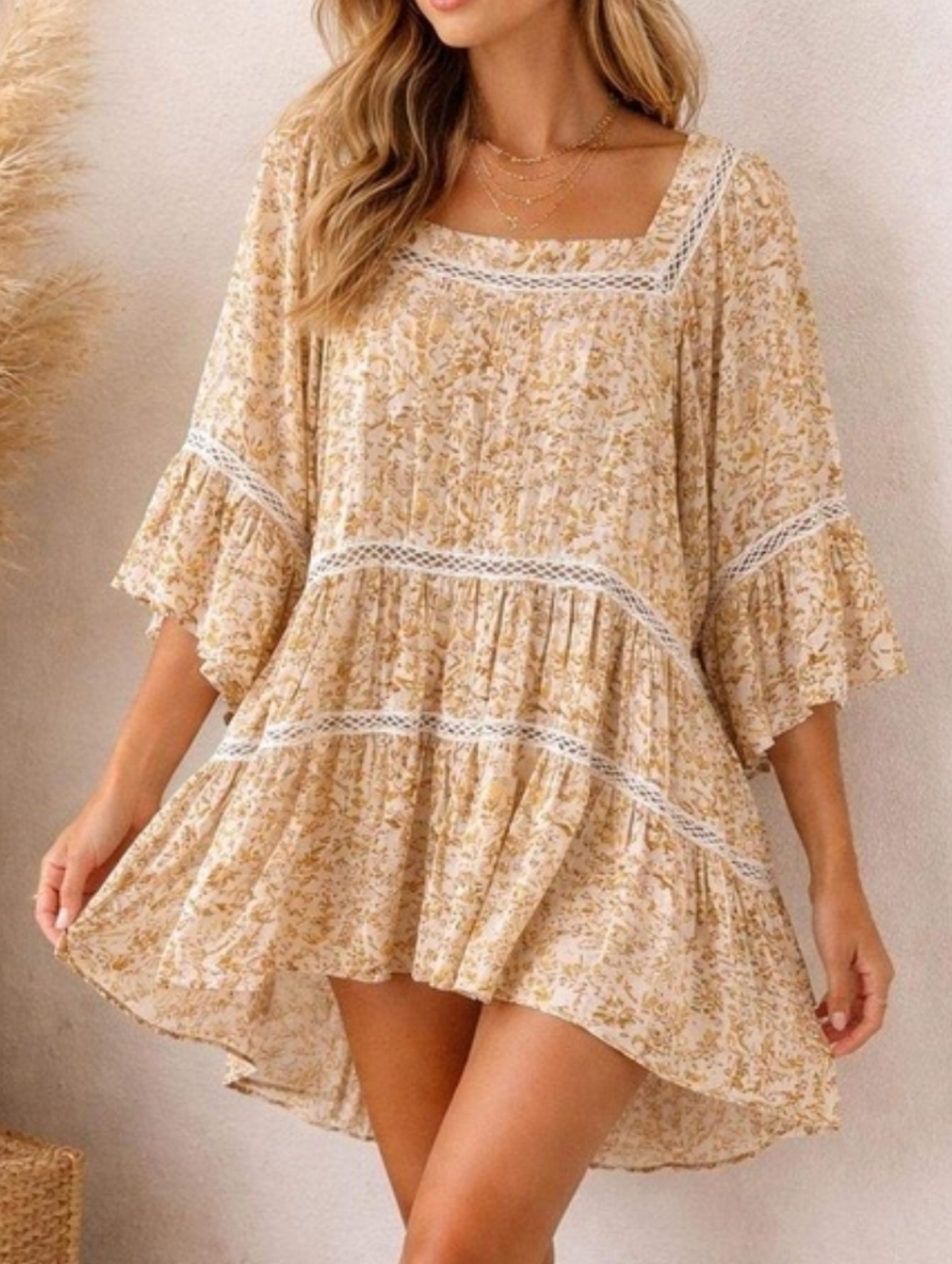 Free People Womens M Talk About It Tunic Floral Print Boho Flowy Bell Sleeves